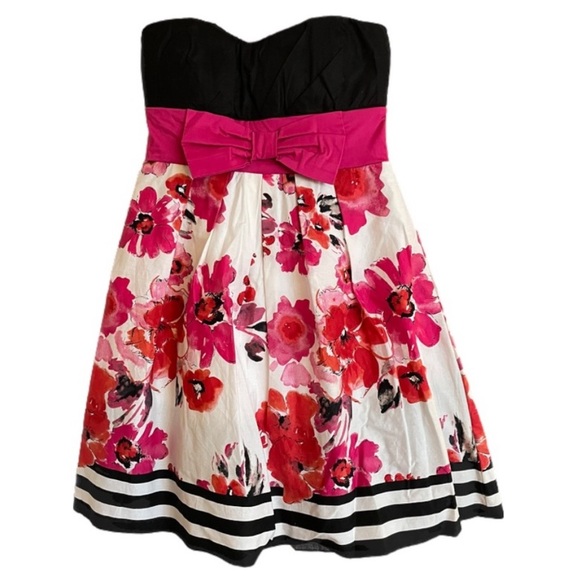 SPEECHLESS Strapless white floral dress with bow and black accent stripes size 9 - Picture 1 of 5